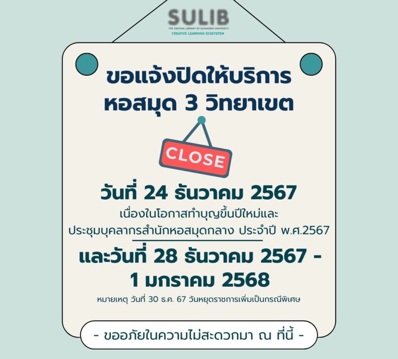 สำนักหอสมุดกลาง แจ้งปิดให้บริการ