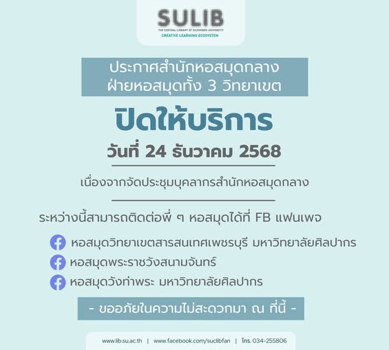 ประกาศปิดให้บริการ สำนักหอสมุดกลางและฝ่ายหอสมุดทั้ง 3 วิทยาเขต